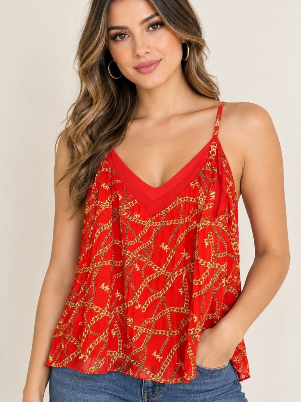 Michael Kors Red Gold Chain-Print V-Neck Camisole, size xl.